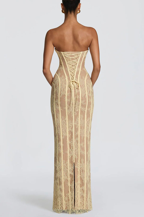 Summer Colour Sian Floral Lace Contrast Structural Detail Back Lace-up Strapless Slit Maxi Dress-Consonak