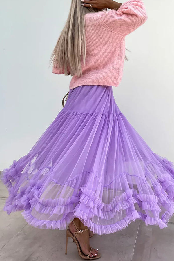 Elegant Tulle Stretch Waist Paneled Pleated Maxi Skirt-consonak