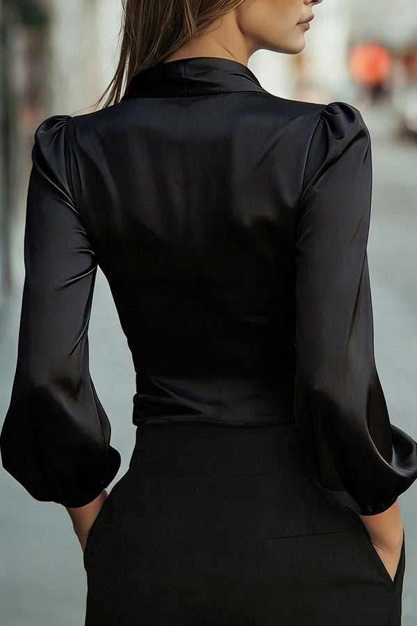 Satin V-neck Long-sleeved Casual Tie-waist Shirt-consonak