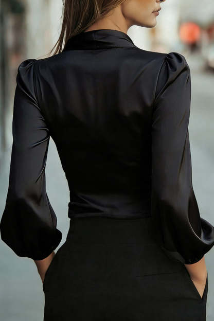 Satin V-neck Long-sleeved Casual Tie-waist Shirt-consonak