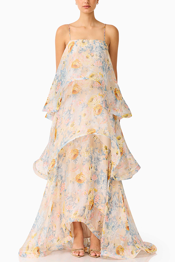 Armani Georgette Fabric Floral Print Tiered Slip Square Neck A-line Maxi Dress