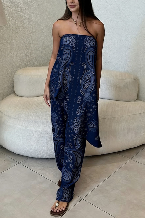 Unique Printed Sleeveless Off-shoulder Top and Elastic Waist Casual Straight Leg Pants Set