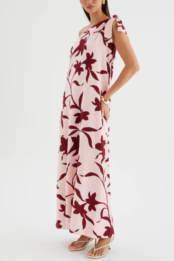 Botanical Print Sleeveless One-shoulder Tie-up Casual Vacation Maxi Dress-consonak