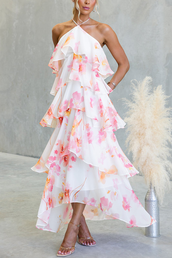 Poetic Eden Chiffon Floral Print Tiered Ruffles Halter A-line Maxi Dress | Consonak