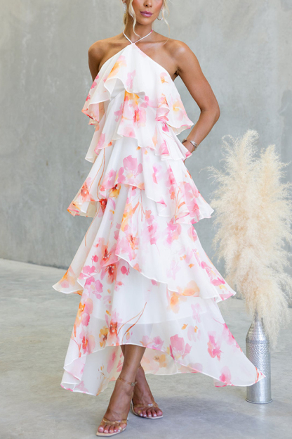 Poetic Eden Chiffon Floral Print Tiered Ruffles Halter A-line Maxi Dress