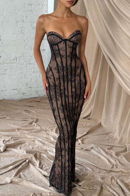 Sian Floral Lace Contrast Structural Detail Back Lace-up Strapless Slit Maxi Dress