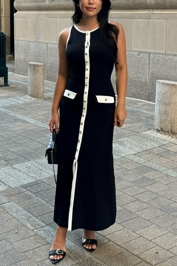 Elegant Slim Fit Crew Neck Buttoned Sleeveless Knit Midi Dress-consonak