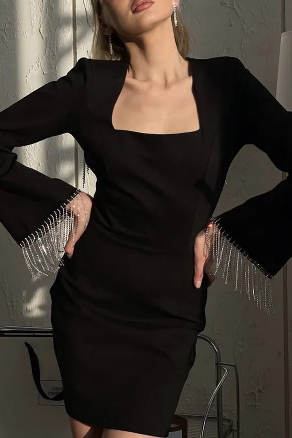 Fashionable Fringed Square Neck Bell Sleeves Hollow Back Mini Dress-consonak