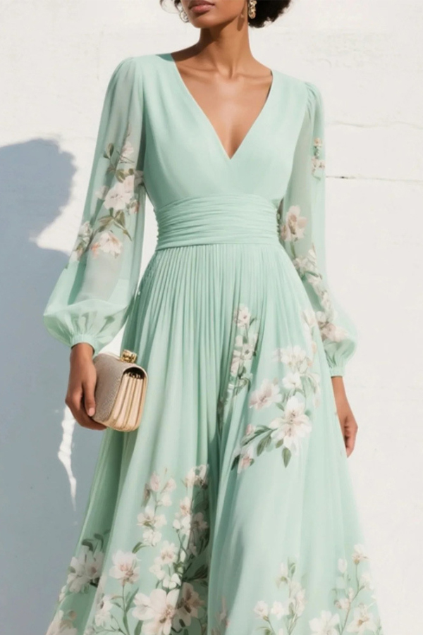 Floral Print V-neck Long-sleeved Fitted Waist Casual Maxi Dress