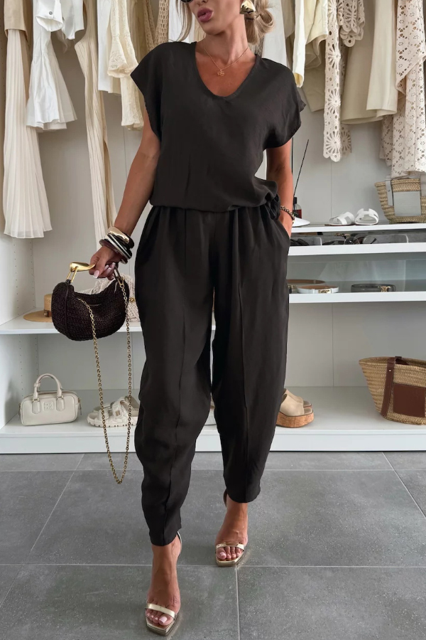 Linen Blend Solid Color V-neck Short-sleeved Top and Elastic Waist Pocket Bloomers Pants Set