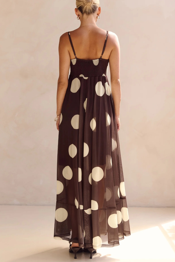 Polka Dot Print Mesh Spaghetti Strap Square Neck Vacation Maxi Dress