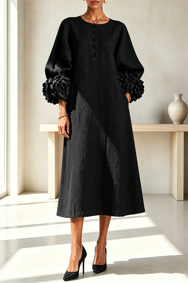 Rima Linen Blend Flowers Button Down Floral Cuffs Half Sleeve Pocket Midi Dress-Consonak