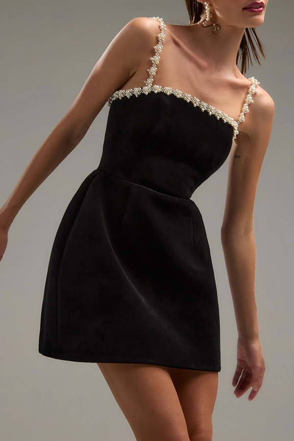 Sweet Poetry Velvet Pearl Trim Straps Pocketed Tulip Style Mini Dress | Consonak