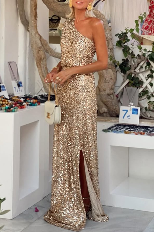 Santorini Night Sequin Fabric One Shoulder Slit Maxi Dress | Consonak
