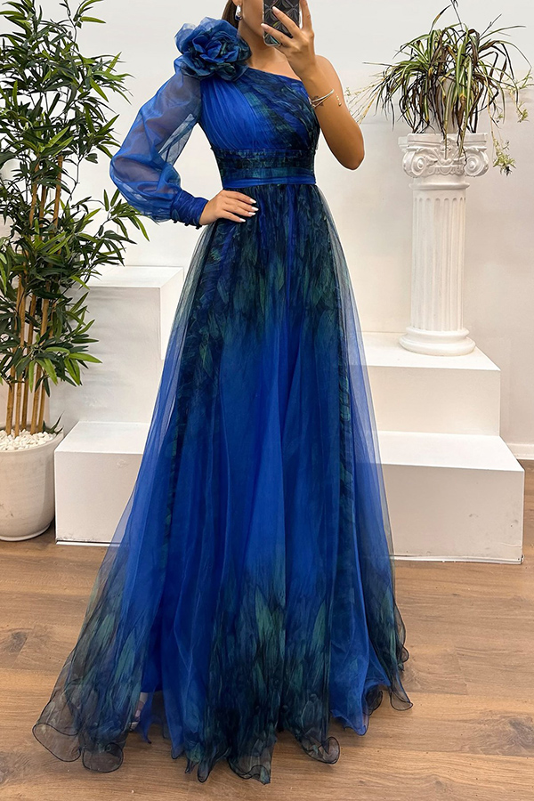 Guest List Tulle Printed Flower Pendant One Shoulder Pleated Slit Maxi Dress-consonak