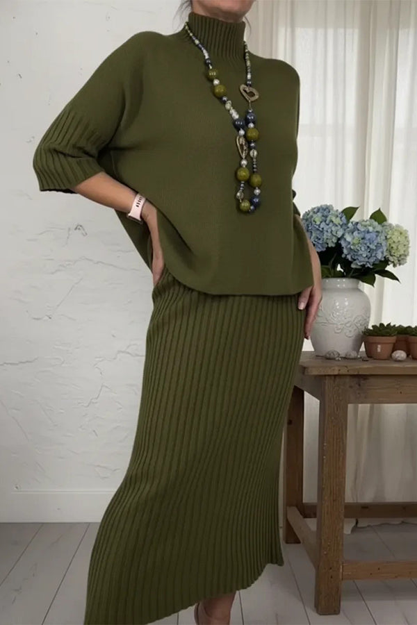 Solid Color Loose-fitting Turtleneck Knit Sweater and Stretchy Elegant Midi Skirt Set-consonak