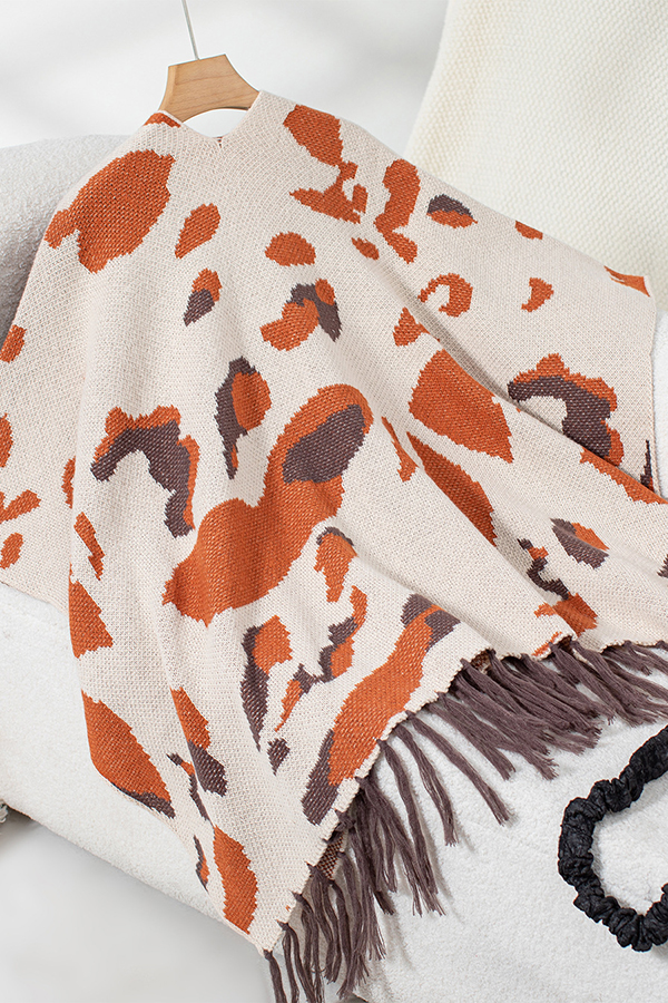 Fashionable Leopard Print Contrast Tassel Hem Loose Knitted Shawl-consonak