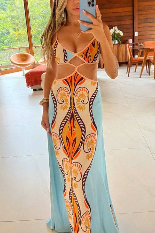 Summer Symphony Linen Blend Ethnic Unique Print Cutout Waist Back Tie-up Maxi Dress-consonak
