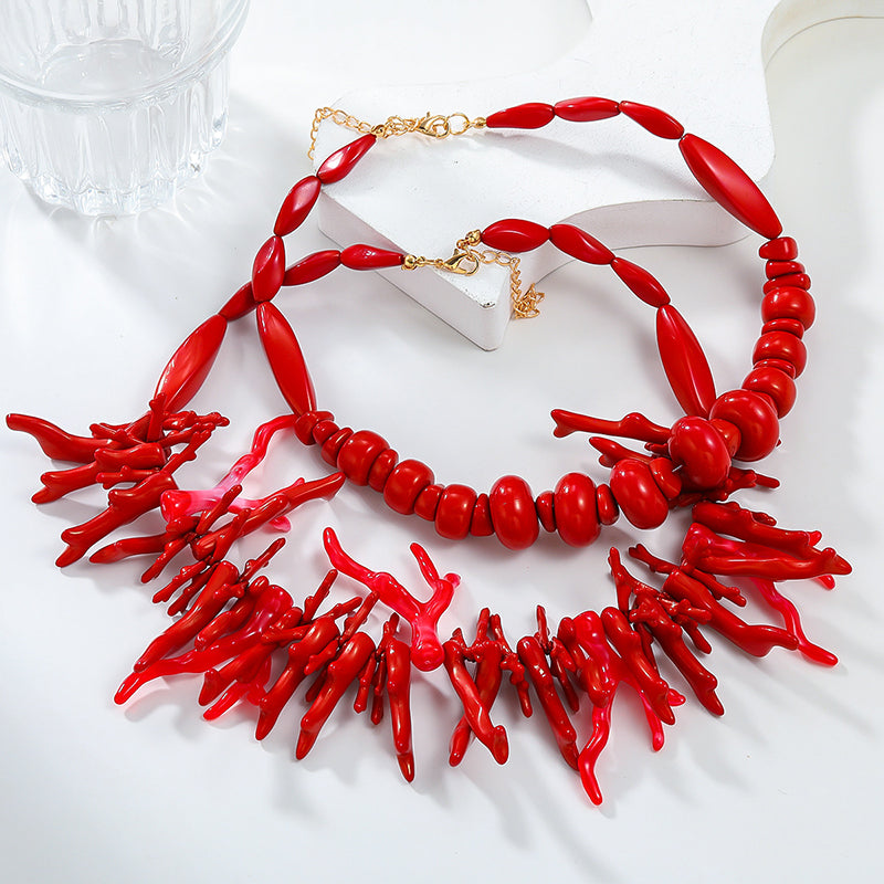 Bohemian Red Coral Necklace Two-piece Set | Consonak