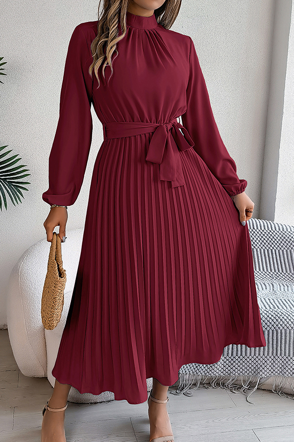 Elegant Stand-collar Long-sleeve Waisted Tie-up Pleated Midi Dress-consonak