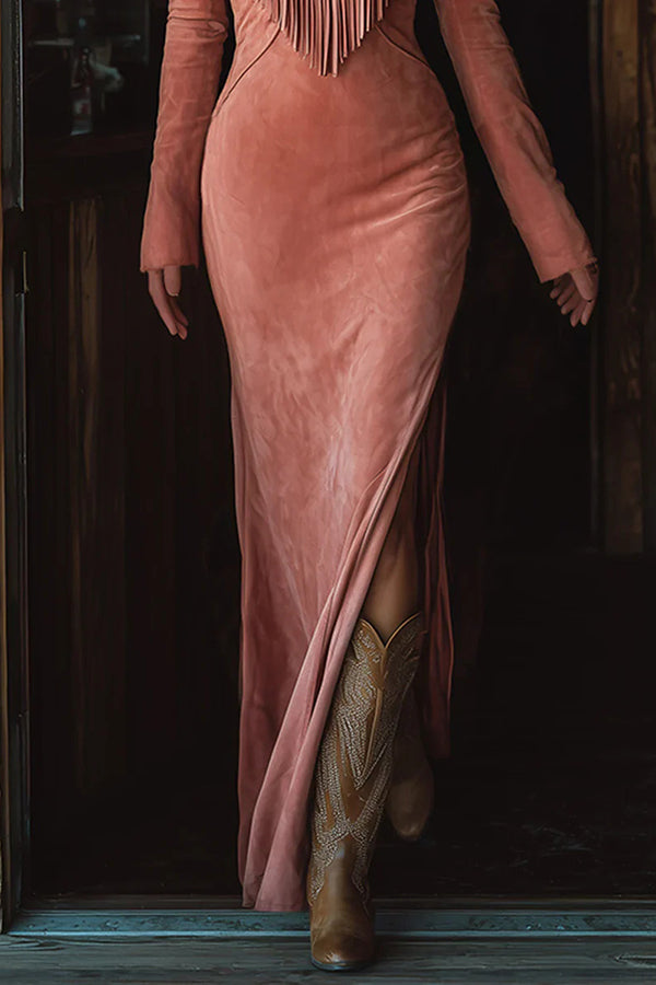 Fashionable Embroidered Floral Tassel Long-sleeved Slim-fit Maxi Dress-consonak