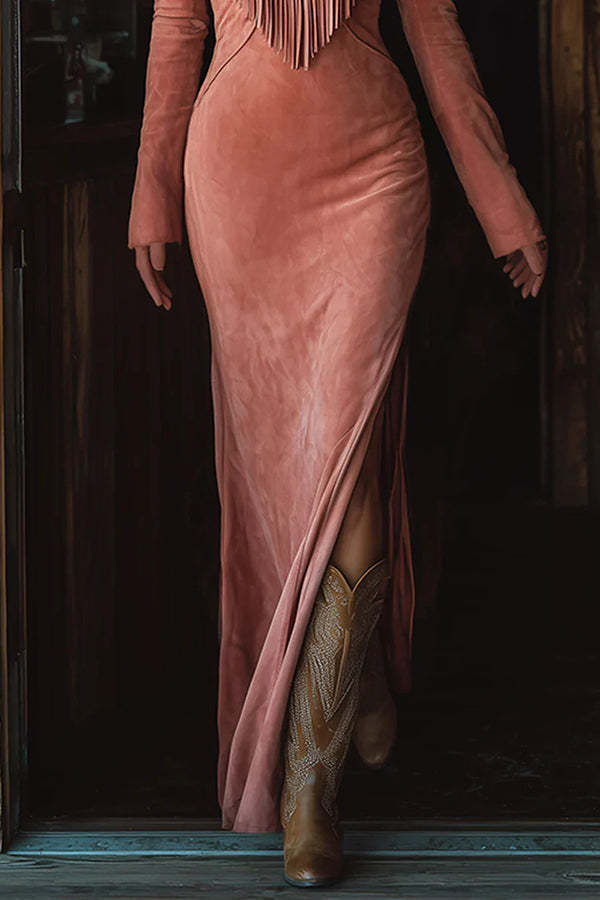 Fashionable Embroidered Floral Tassel Long-sleeved Slim-fit Maxi Dress-consonak