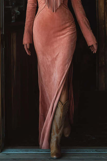 Fashionable Embroidered Floral Tassel Long-sleeved Slim-fit Maxi Dress-consonak