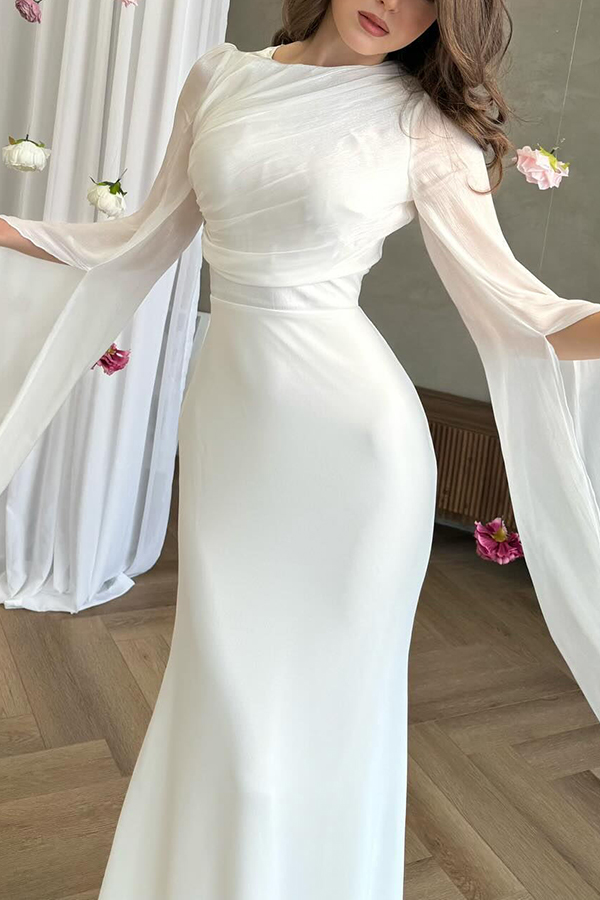 Liora Ruched Organza and Satin Patchwork Design Long Bell Slit Sleeve Maxi Dress | Consonak