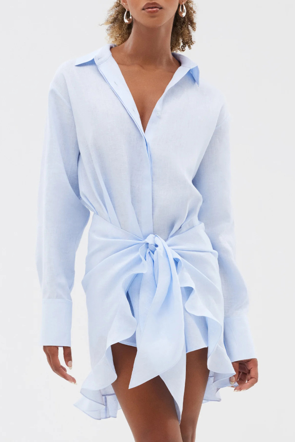 Solid Color Collared Long-sleeved Casual Shirt Style Lace Up Vacation Mini Dress | Consonak