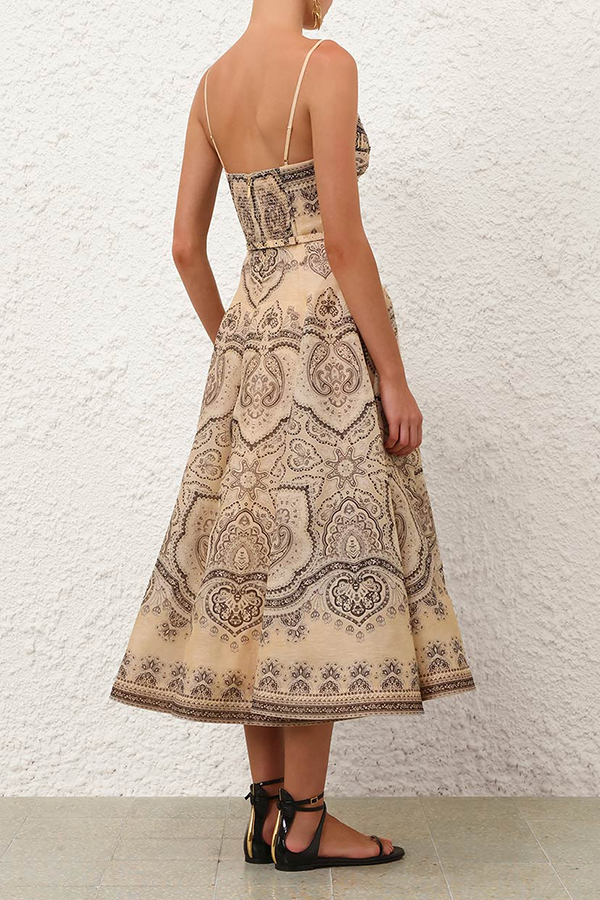 Luna Linen Blend Paisley Print Twist Back Smocked Pocket Slip Midi Dress