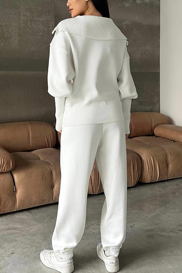 Solid Color Long-sleeved Zip-up Sweatshirt and Elastic Waist Loose Pocket Pants Set-consonak