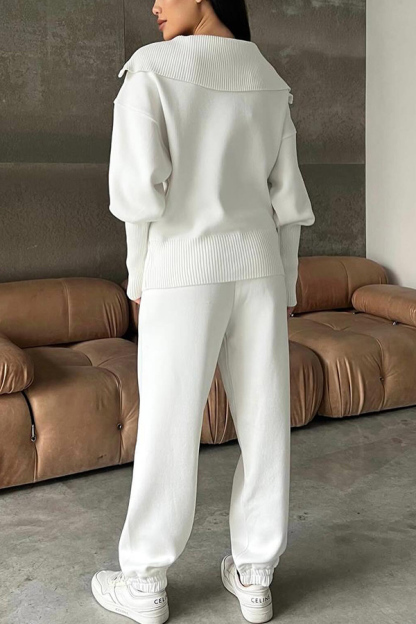 Solid Color Long-sleeved Zip-up Sweatshirt and Elastic Waist Loose Pocket Pants Set-consonak