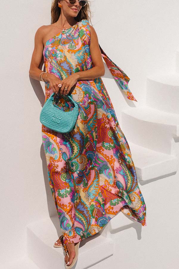 Rainbow Breeze Satin Unique Print Bow One Shoulder Loose Maxi Dress | Consonak