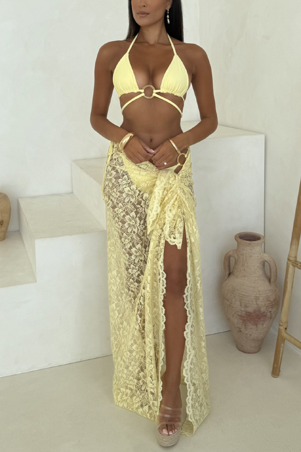 Solid Color Halter Neck Tie Stretch Two-piece Bikini Swimsuit and Sheer Lace Holiday Maxi Skirt Set