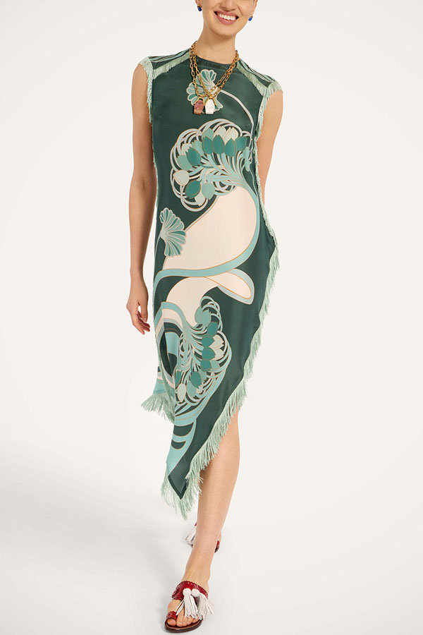 Bohemian Style Floral Print Tassel Trim Irregular Hem Slit Scarf Midi Dress | Consonak