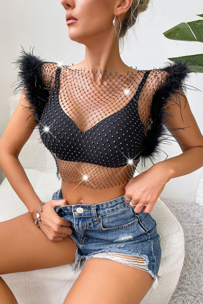 Sexy Ostrich Feather Rhinestone Fishnet Slim Fit Top-consonak