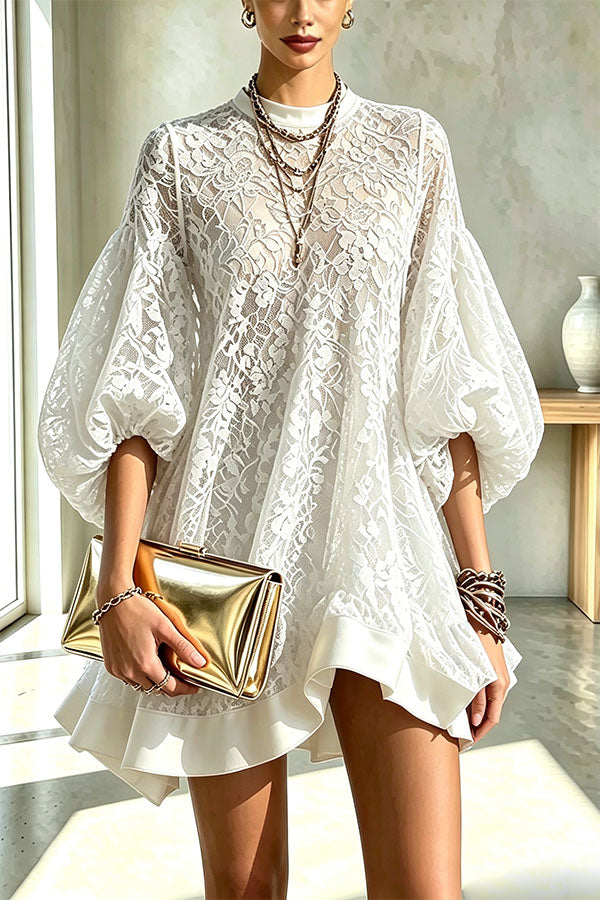 Norah Floral Lace Crew Neck Balloon Sleeve A-line Loose Mini Dress-Consonak