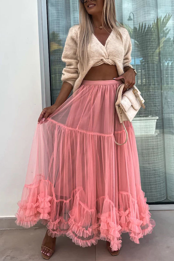 Elegant Tulle Stretch Waist Paneled Pleated Maxi Skirt-consonak