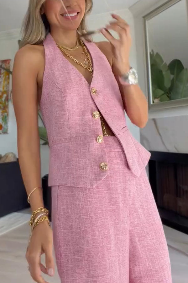 City Outfit Linen Blend Metal Button Halter Vest and Pocket Wide Leg Pants Set | Consonak