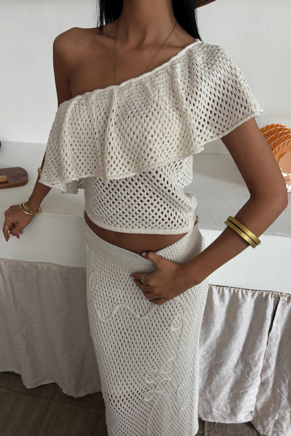 Solid Color One-shoulder Ruffled Openwork Top and Elastic Waist Holiday Knit Maxi Skirt Cover-up Set-consonak