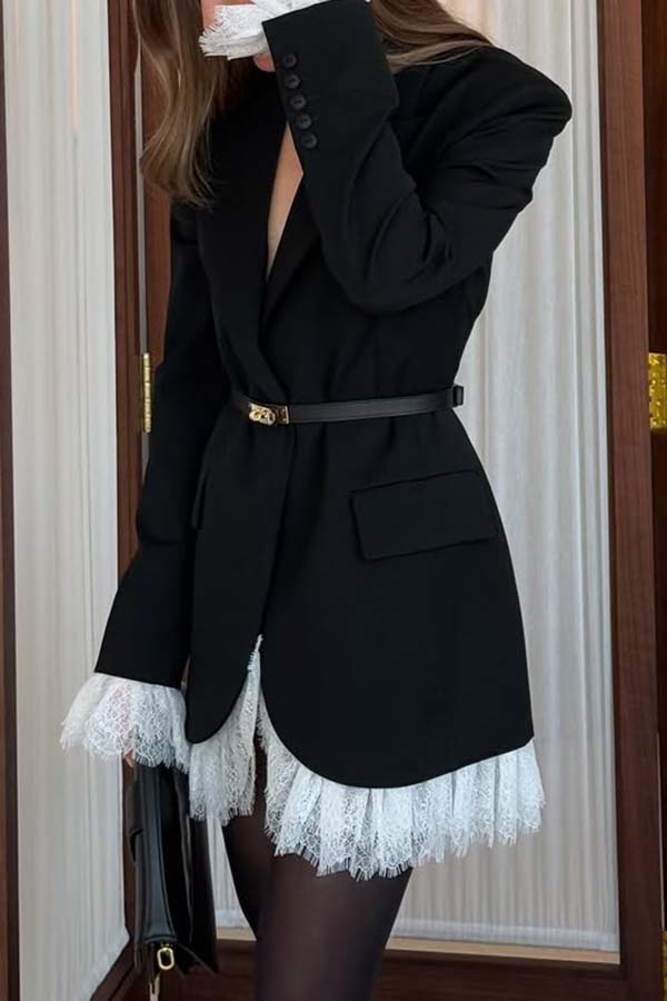 Cue The Chic Lace Trim Button Long Sleeve Lapel Blazer Mini Dress-consonak