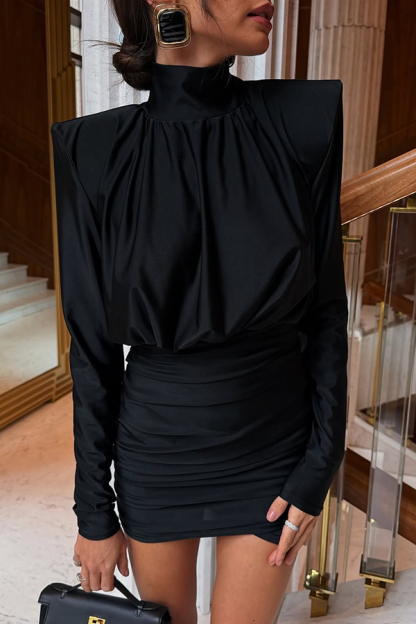 Stylish High-Neck Long-Sleeved Slim-Fit Pleated Mini Dress-consonak