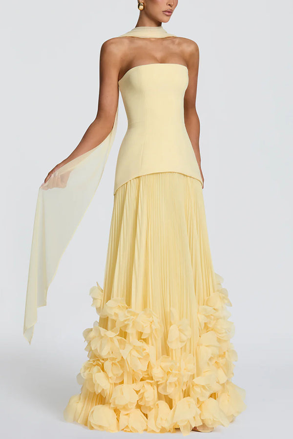Serafina Strapless Back Lace-up Handcrafted Floral Appliqués Pleated Hem Gown Maxi Dress-Consonak