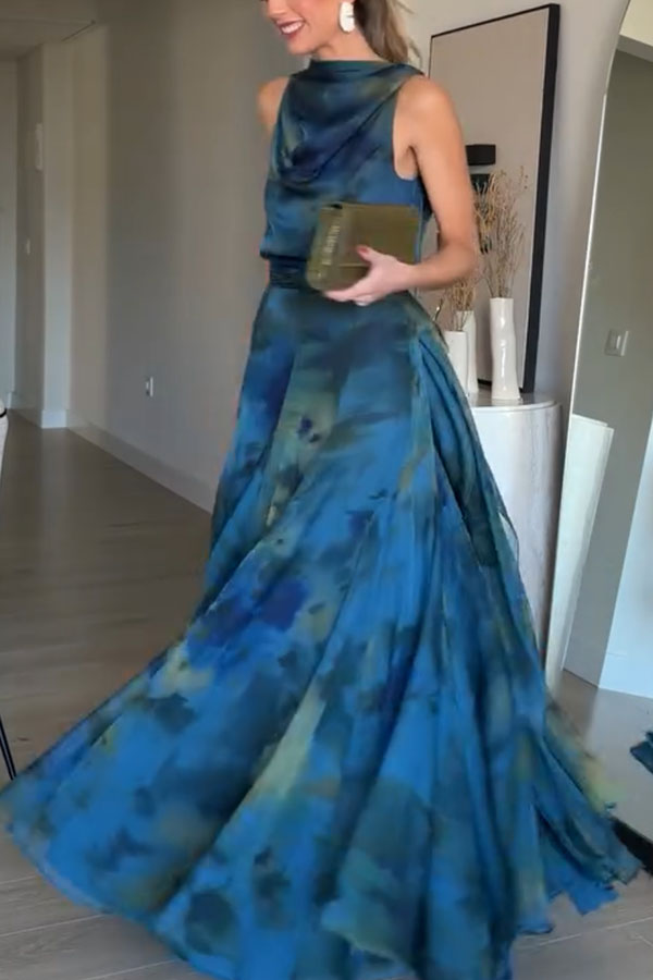 Ione Chiffon Ombré Print Cowl Neck Top and High Rise Maxi Skirt Set with Scarf