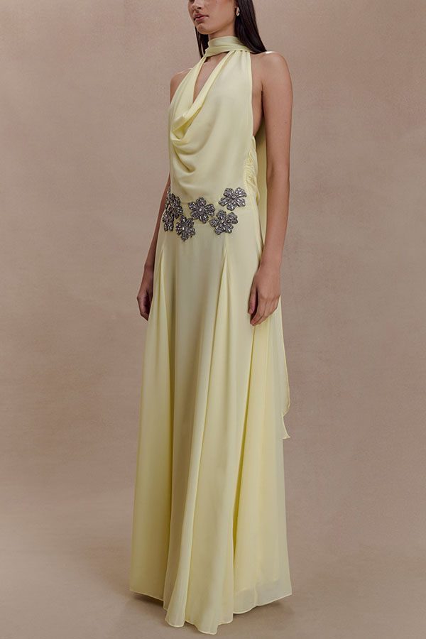 Santal Chiffon Detachable Halter Cowl Neck Scarf Floral Diamante Trims Maxi Dress-consonak