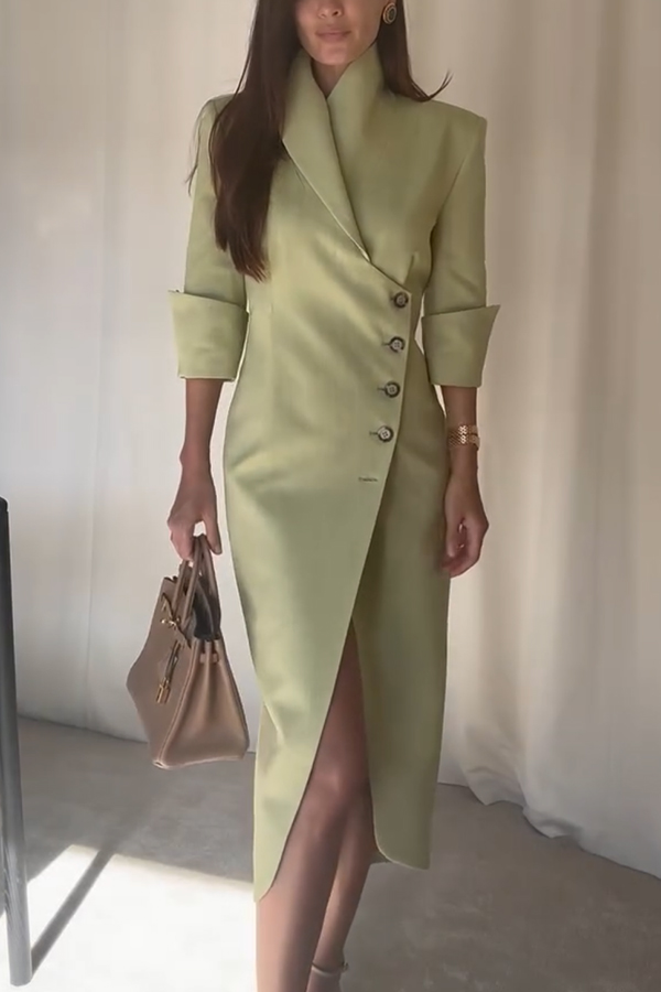 Elegant Look Linen Blend Stand Lapel Neck Half Sleeve Side Button Midi Dress-consonak
