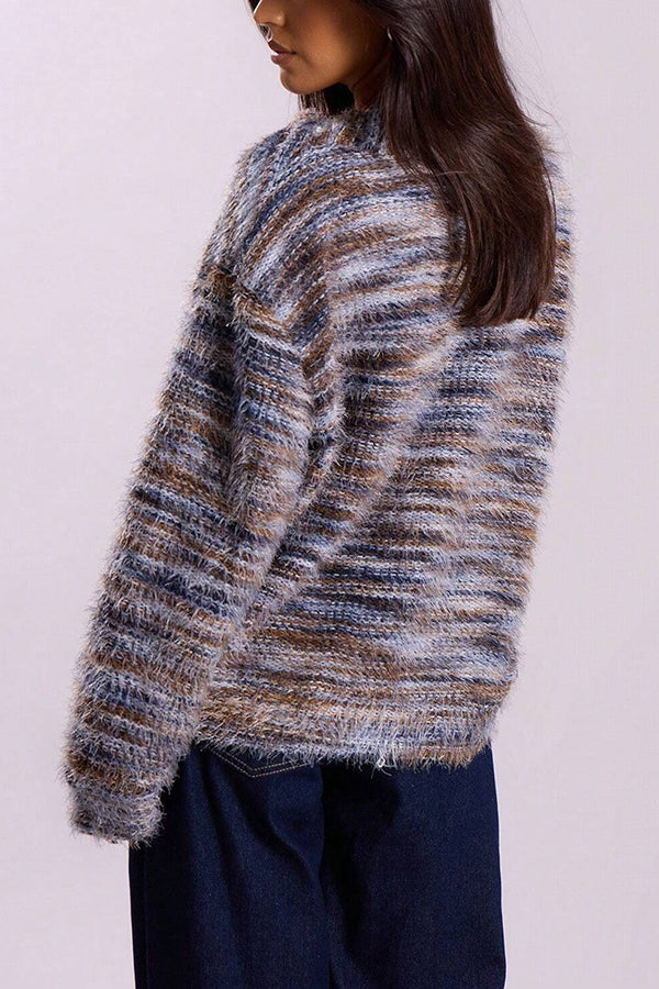 Fashionable Mixed Color Loose V-neck Casual Knit Cardigan-consonak