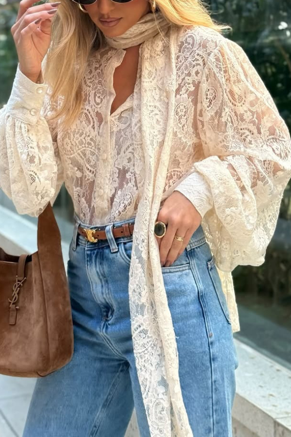Solid Color Sheer Lace Elegant Ribbon Long-sleeved Shirt