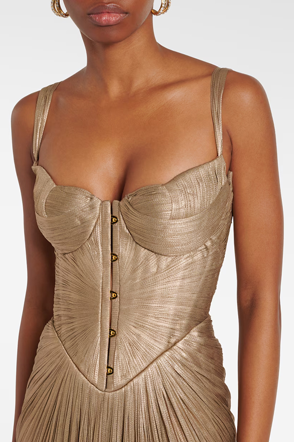 Vegas Queen Metallic Pleated Sculpted Bodice Back Lace-up Drape Maxi Dress | Consonak