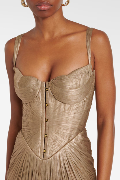 Vegas Queen Metallic Pleated Sculpted Bodice Back Lace-up Drape Maxi Dress-consonak